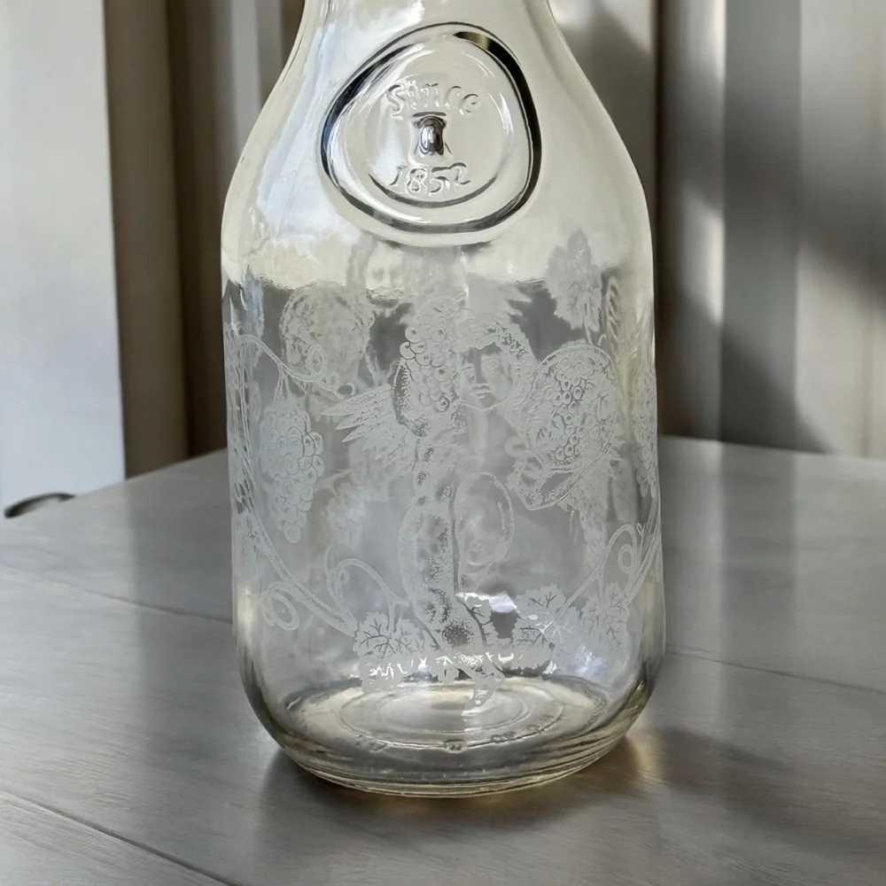Vintage Paul Masson Vineyards Etched Glass Wine Carafe Floral Cherub